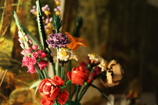 A bouquet of colorful brick-built flowers.